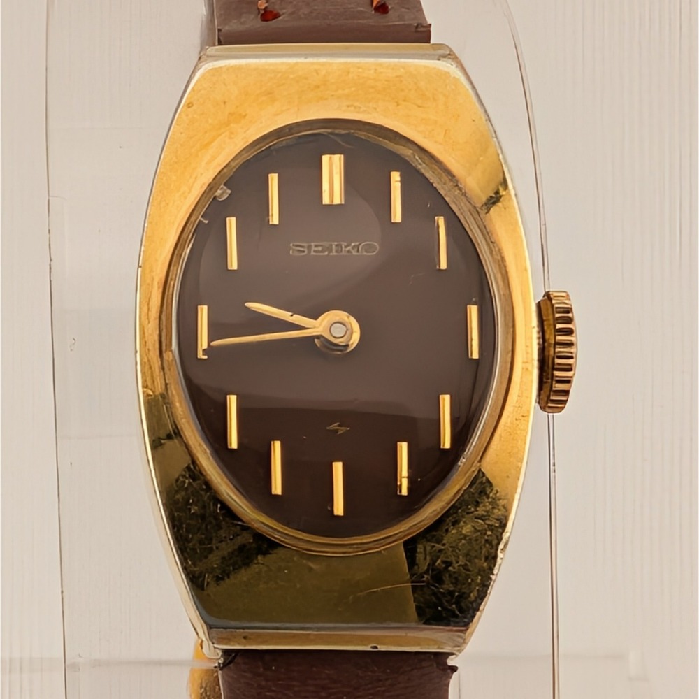 Vintage Seiko Chocolate Brown Dial Oval Mechanical Watch Gold Tone 11-7039 - Picture 2 of 10